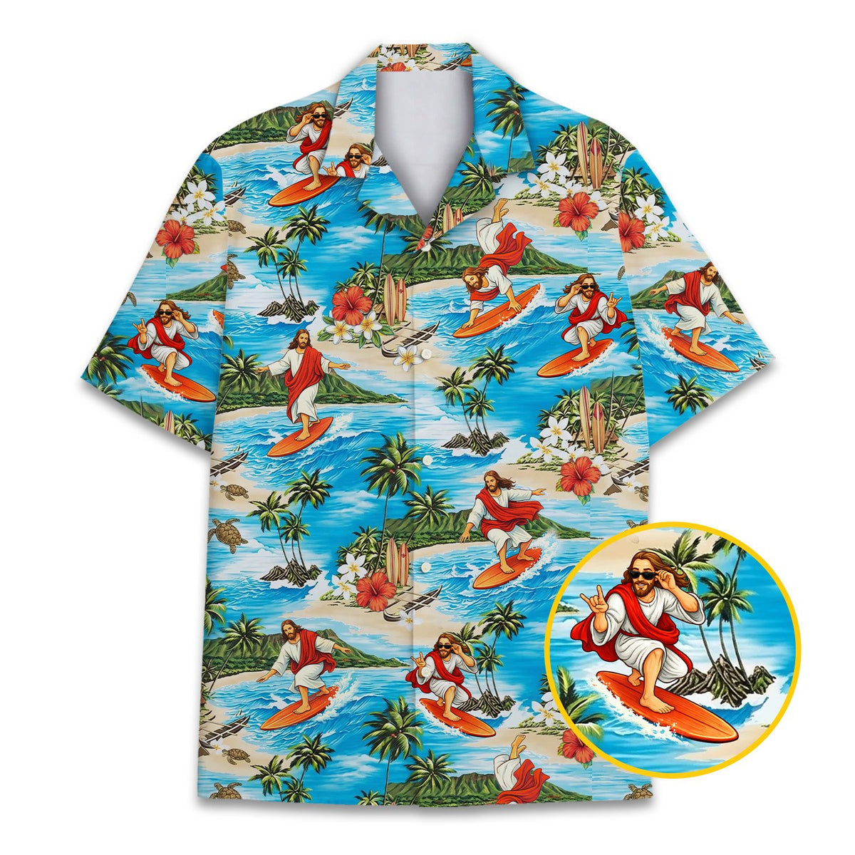 Detailed back view highlighting the palm trees and surfing Jesus design