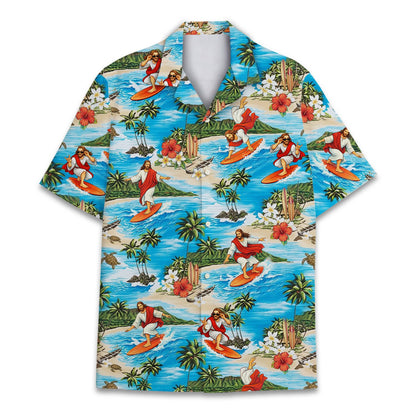 Back view of the faith tropical hawaiian shirt showing the continuous island pattern