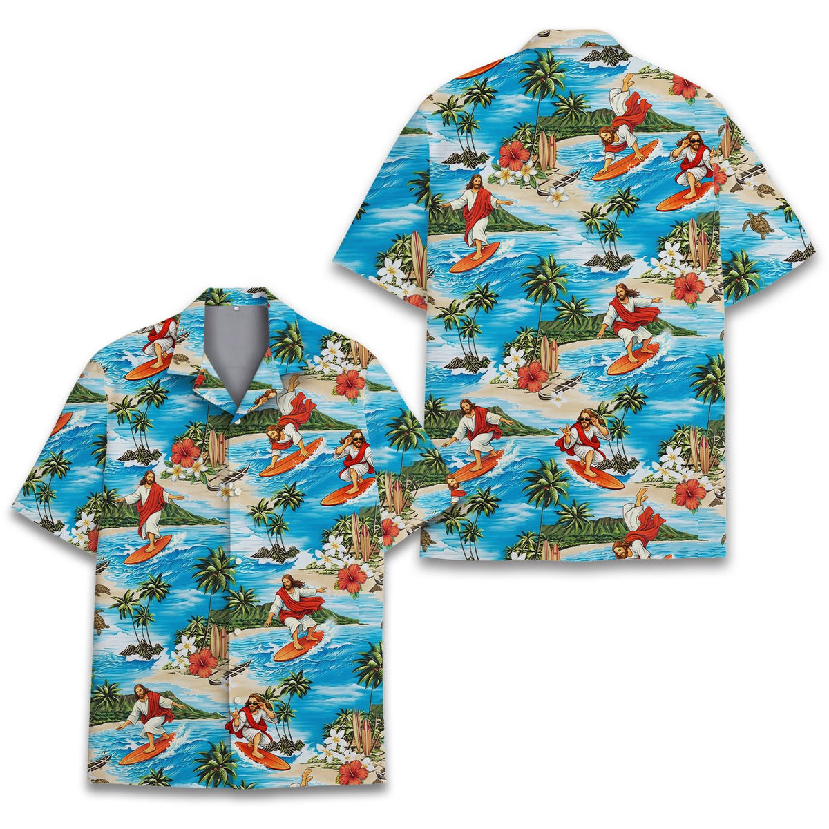 Front view of the light blue tropical hawaiian shirt with surfing Jesus pattern