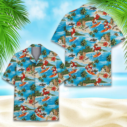 Lifestyle view of someone wearing the matching family hawaiian shirt outdoors