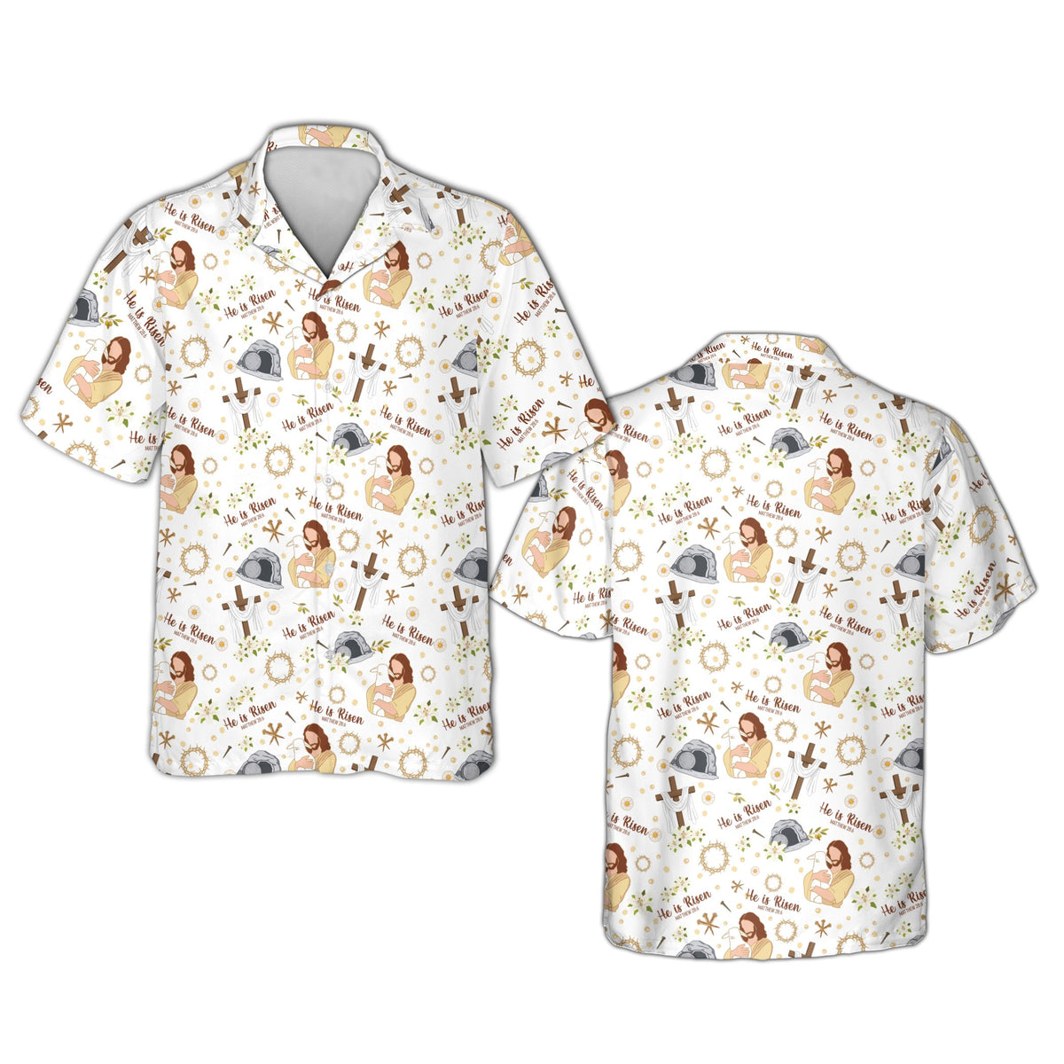 White faith hawaiian shirt with crosses and empty tombs, front view