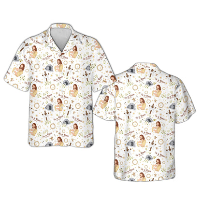 White faith hawaiian shirt with crosses and empty tombs, front view