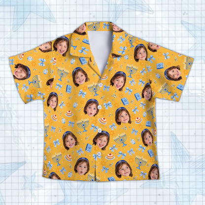 Front view of yellow matching family hawaiian shirt for Hanukkah