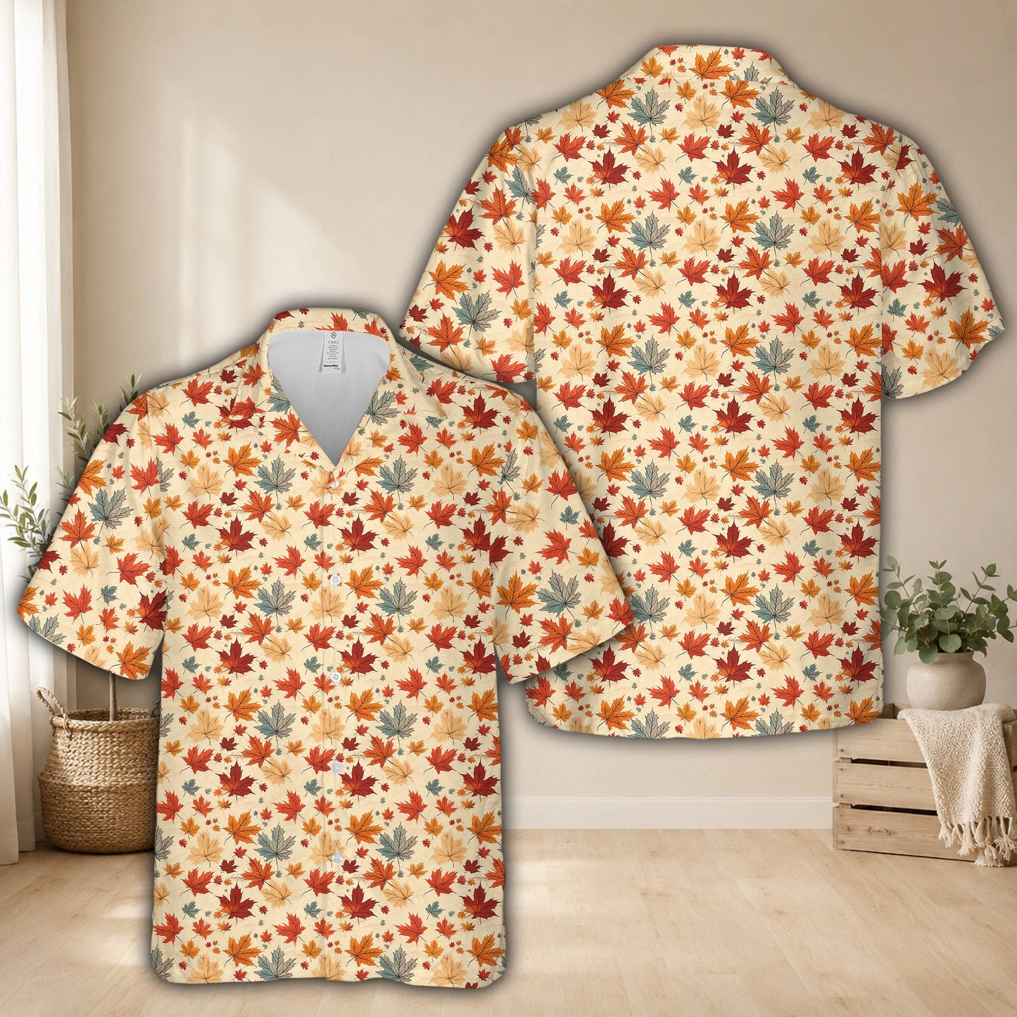 Matching family hawaiian shirts featuring a fall autumn pattern with pumpkins and leaves, front view