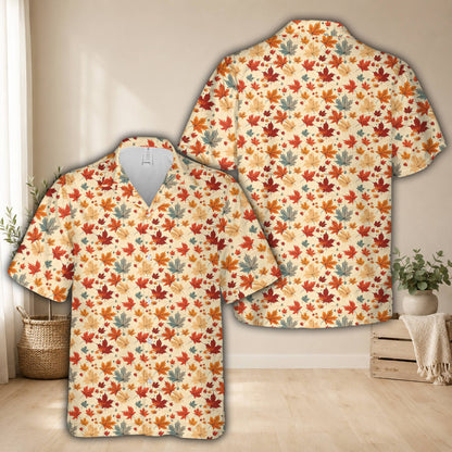 Matching family hawaiian shirts featuring a fall autumn pattern with pumpkins and leaves, front view