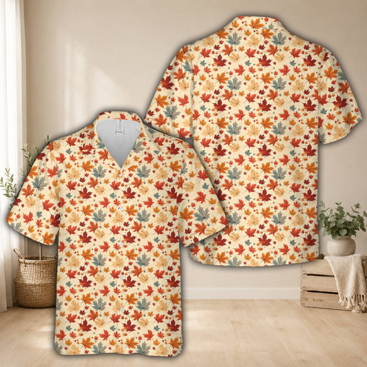 Matching family hawaiian shirts featuring a fall autumn pattern with pumpkins and leaves, front view