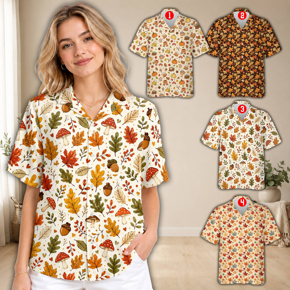 Lifestyle view of a family wearing matching family hawaiian shirts with fall autumn pattern