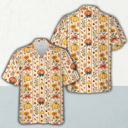 Front view of the beige matching family hawaiian christmas shirts with fall pumpkins and leaves pattern