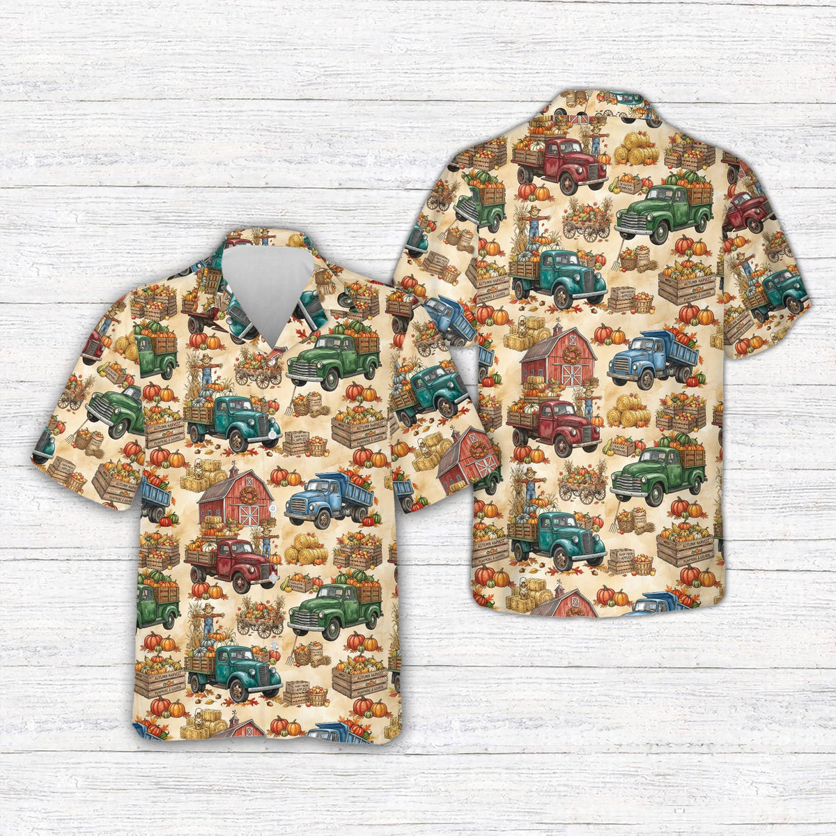 Beige autumn themed hawaiian shirt showing harvest print details, front view
