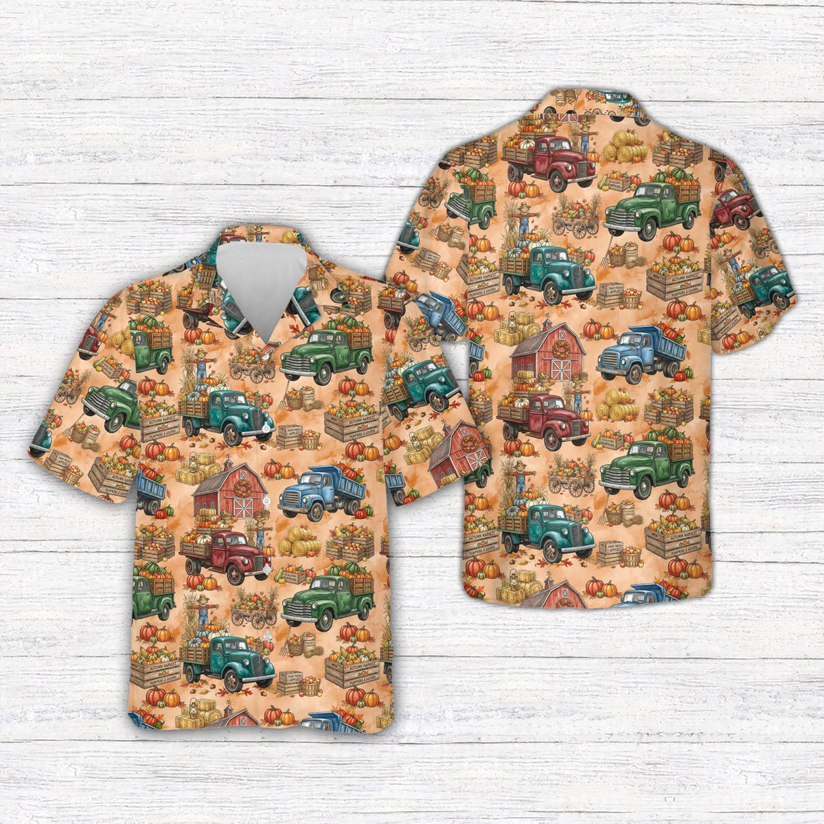 Matching family hawaiian shirts featuring autumn harvest theme, front view