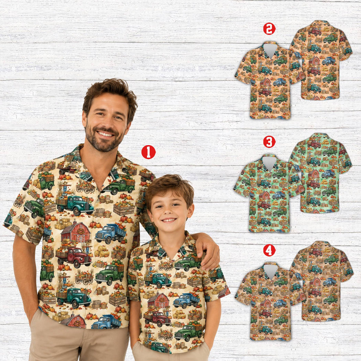 Family wearing matching beige fall hawaiian shirts outdoors, lifestyle view