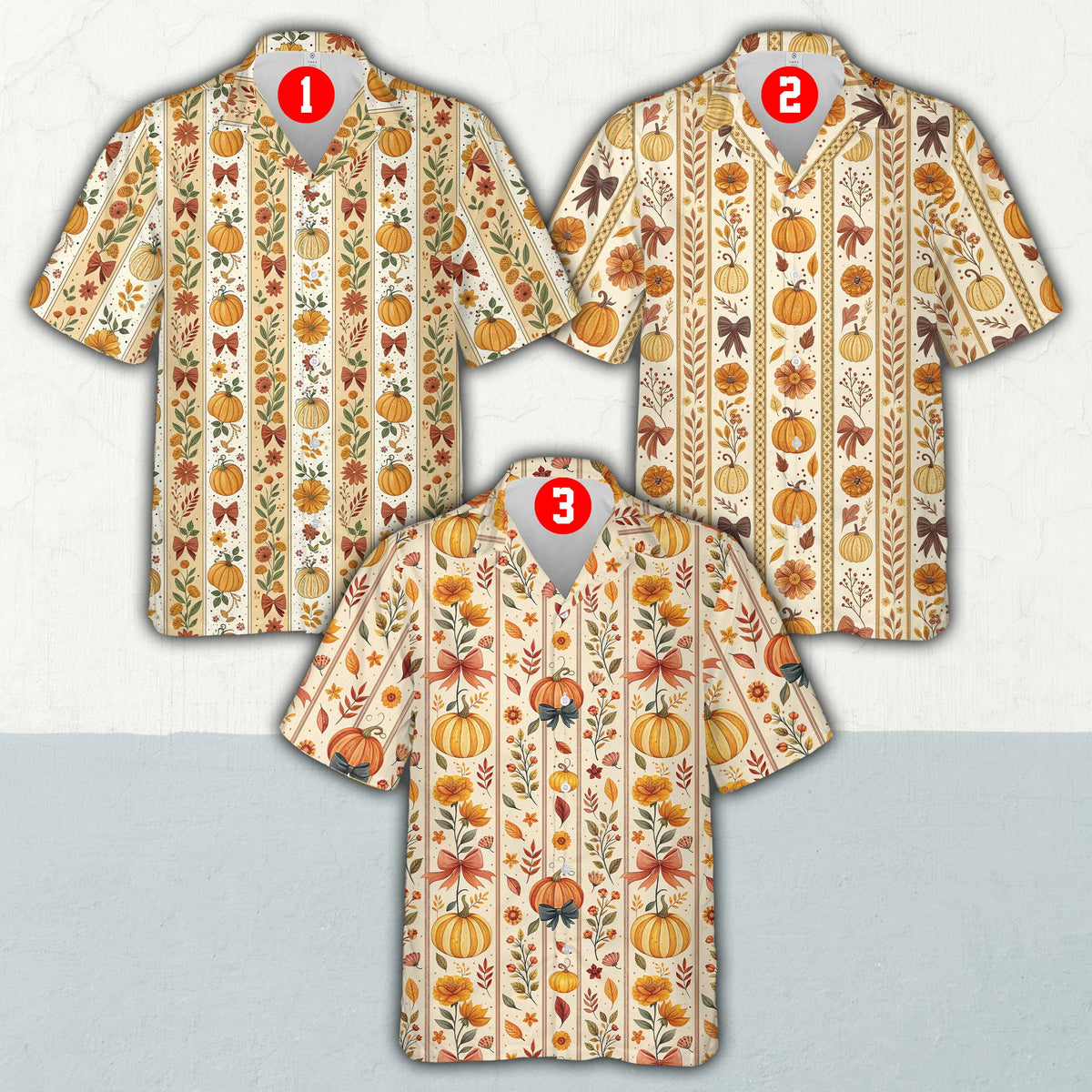 Angled view of the beige fall hawaiian shirt featuring pumpkins and ribbons