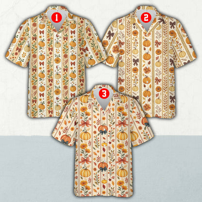 Angled view of the beige fall hawaiian shirt featuring pumpkins and ribbons