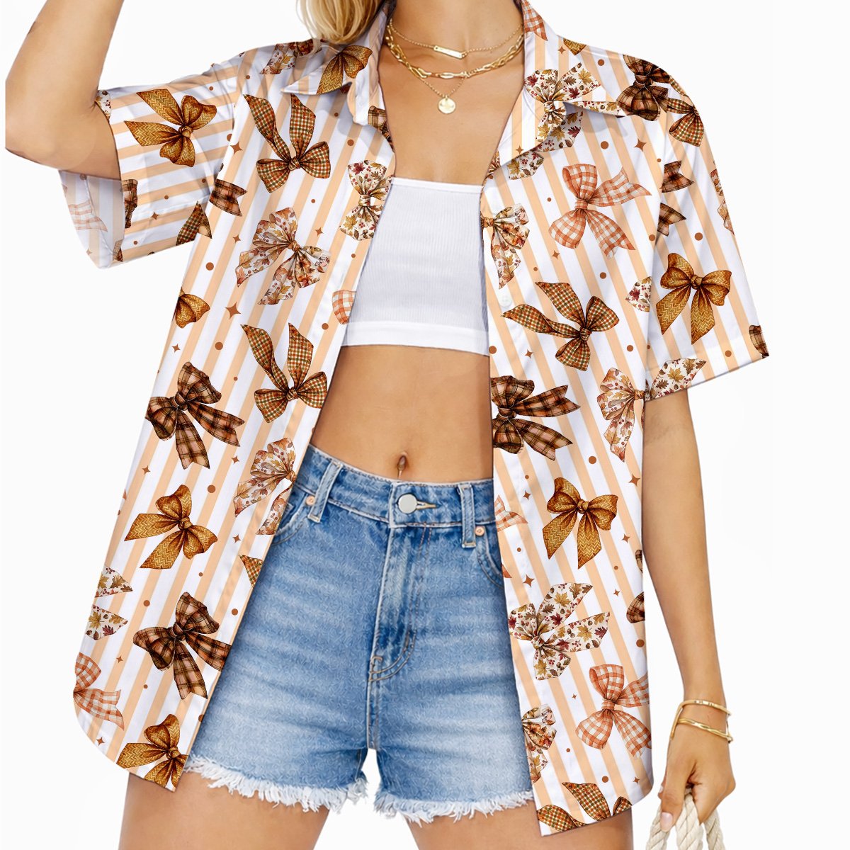 Second back view displaying the all-over bow print on beige vertical stripes