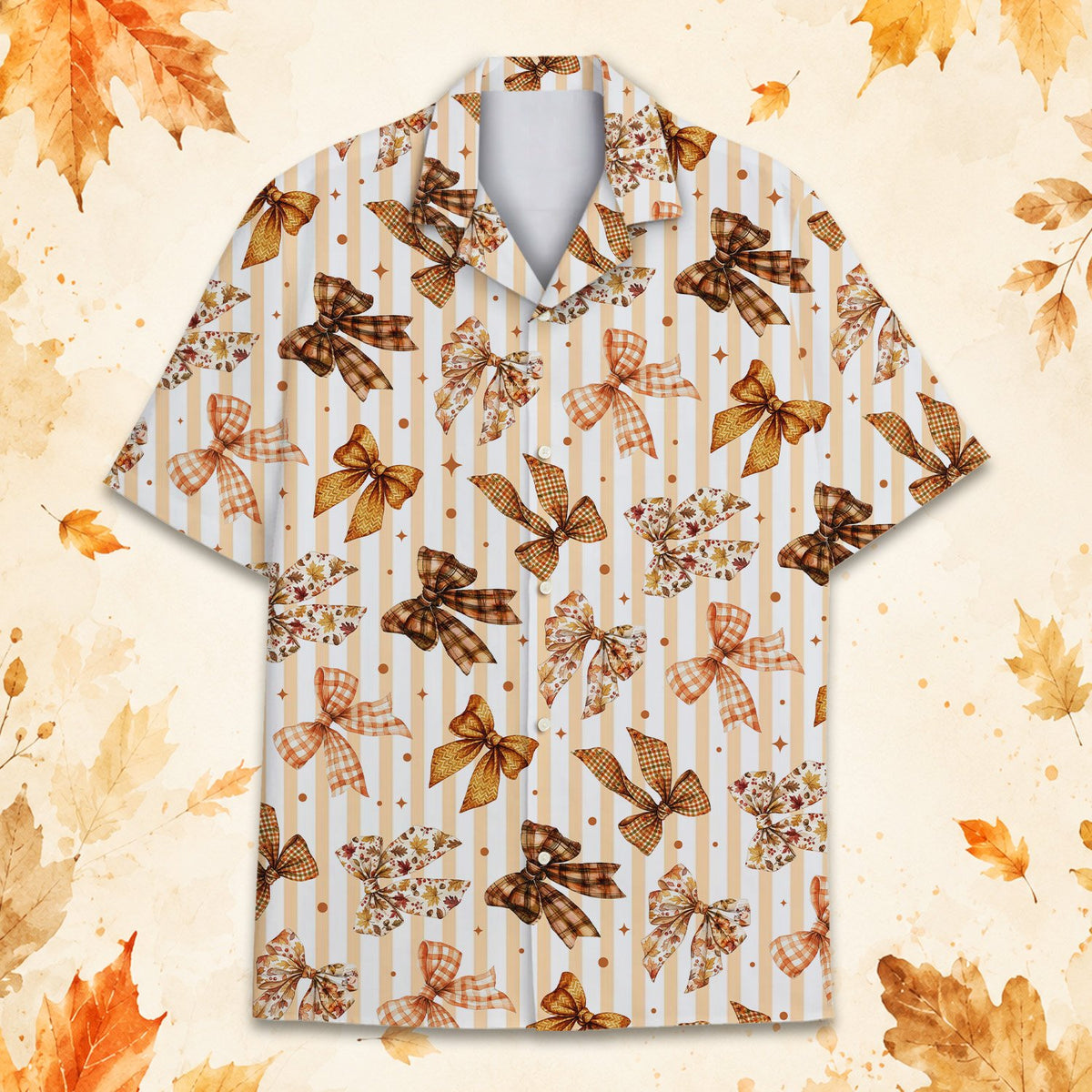 Another front view of the thanksgiving hawaiian shirt displaying brown and orange bows