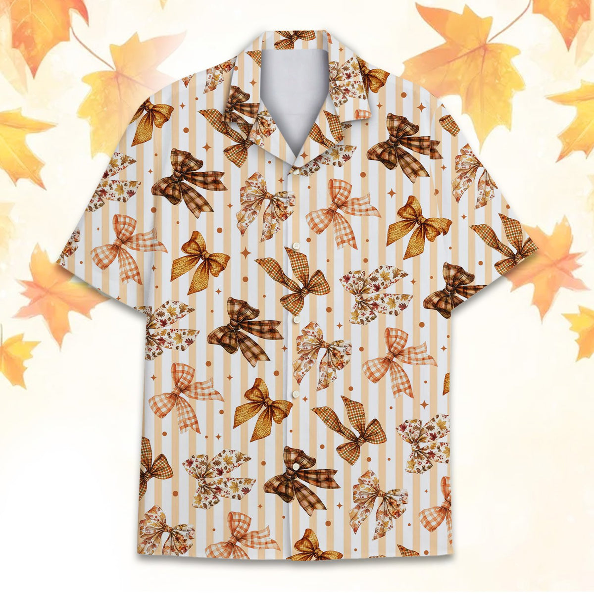 Main view of the fall bows hawaiian shirt featuring plaid and floral designs over beige stripes