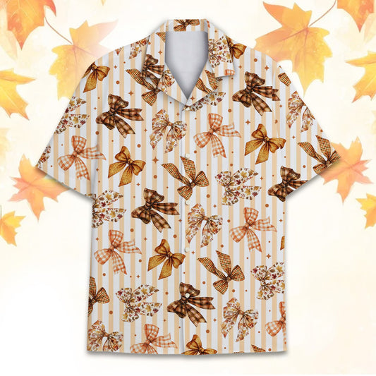 Main view of the fall bows hawaiian shirt featuring plaid and floral designs over beige stripes