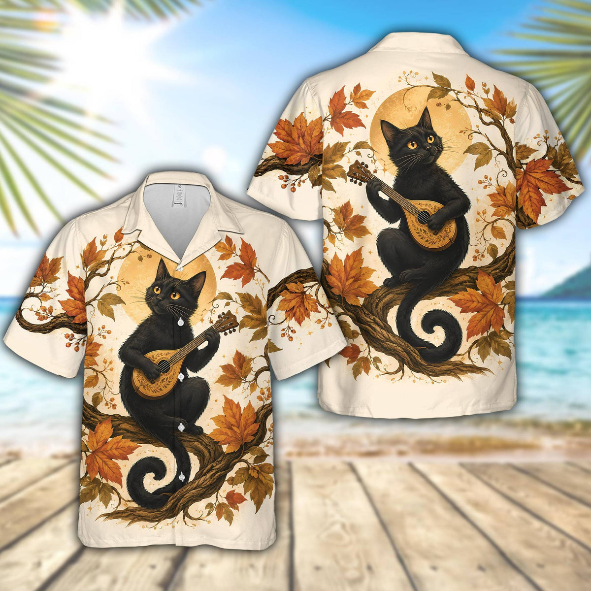Light beige matching family hawaiian shirt featuring a black cat playing a lute under a full moon, main view