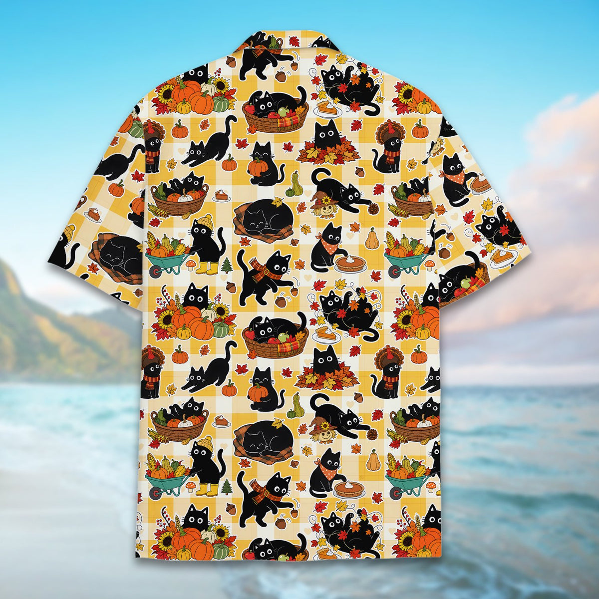 Front view of the matching family hawaiian shirt in black and yellow