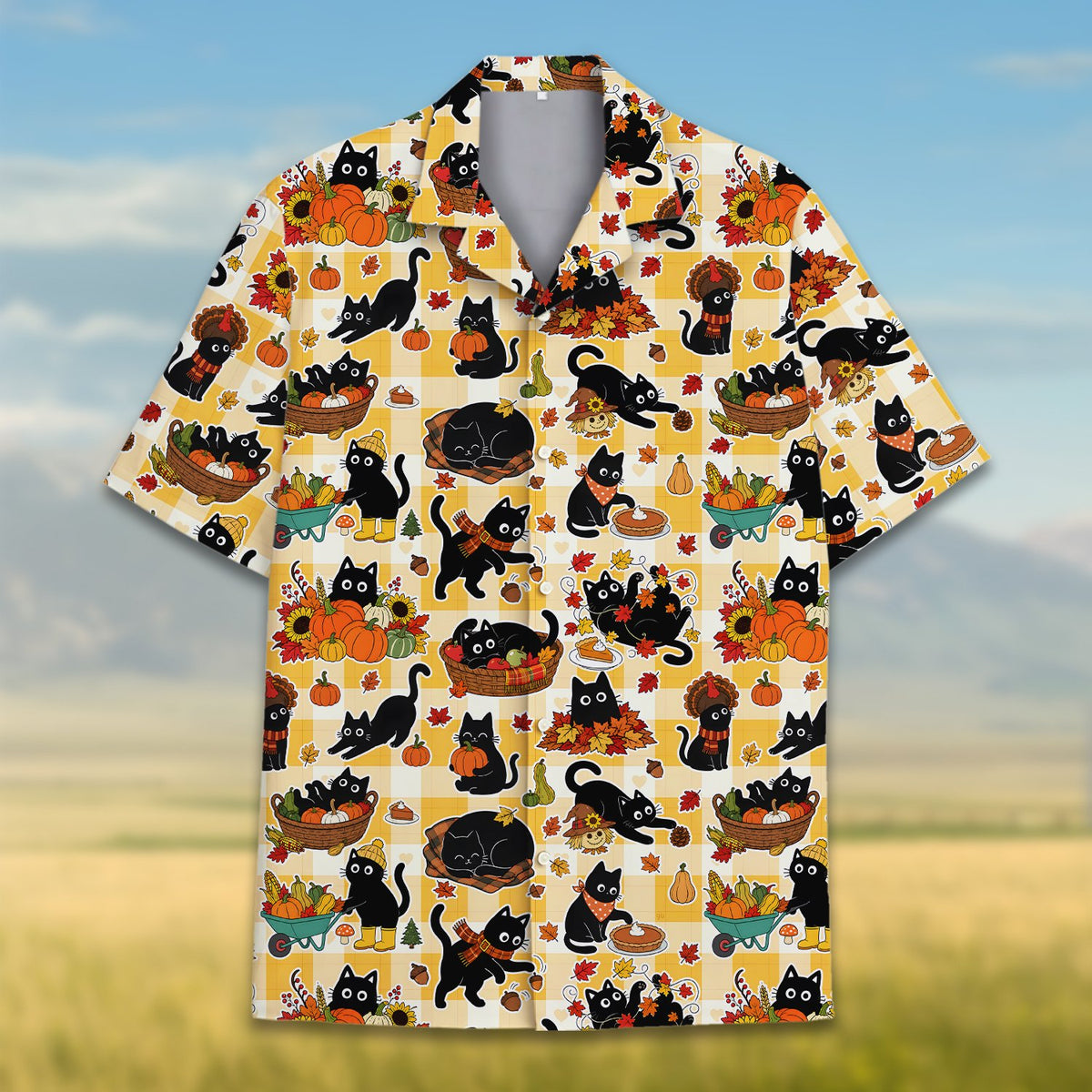 Front view of the autumn feline hawaiian shirt
