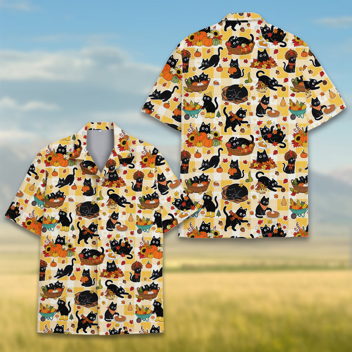 Close-up front view of the yellow plaid hawaiian shirt