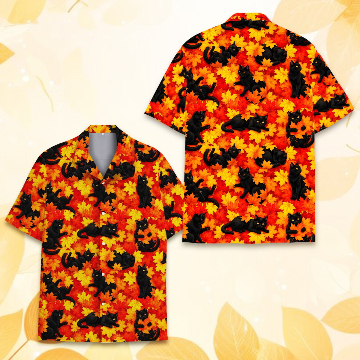 Bright orange and black cat hawaiian shirt, front view