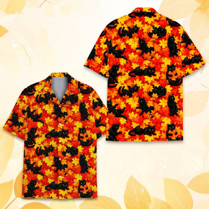 Bright orange and black cat hawaiian shirt, front view