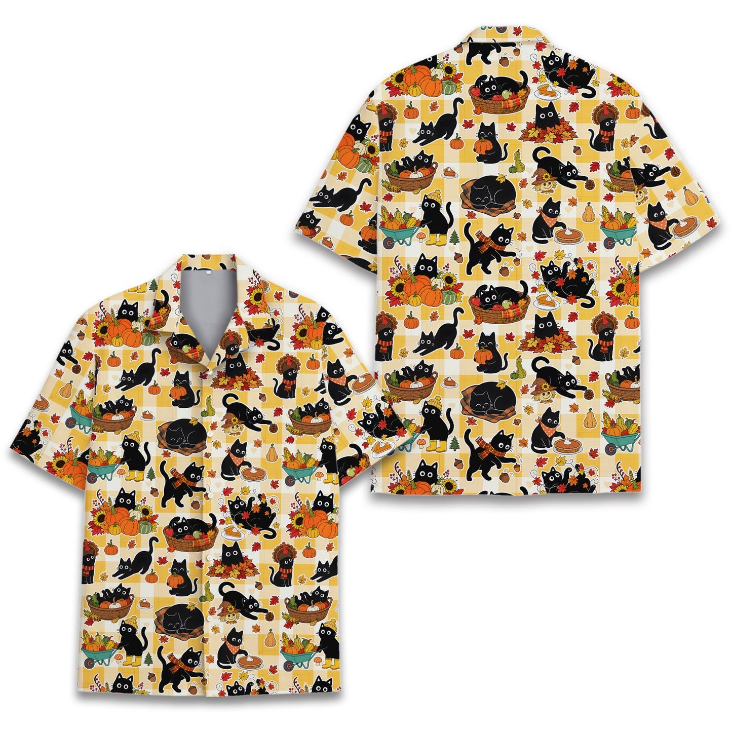 Yellow fall hawaiian shirt with autumn felines on a plaid background, main view