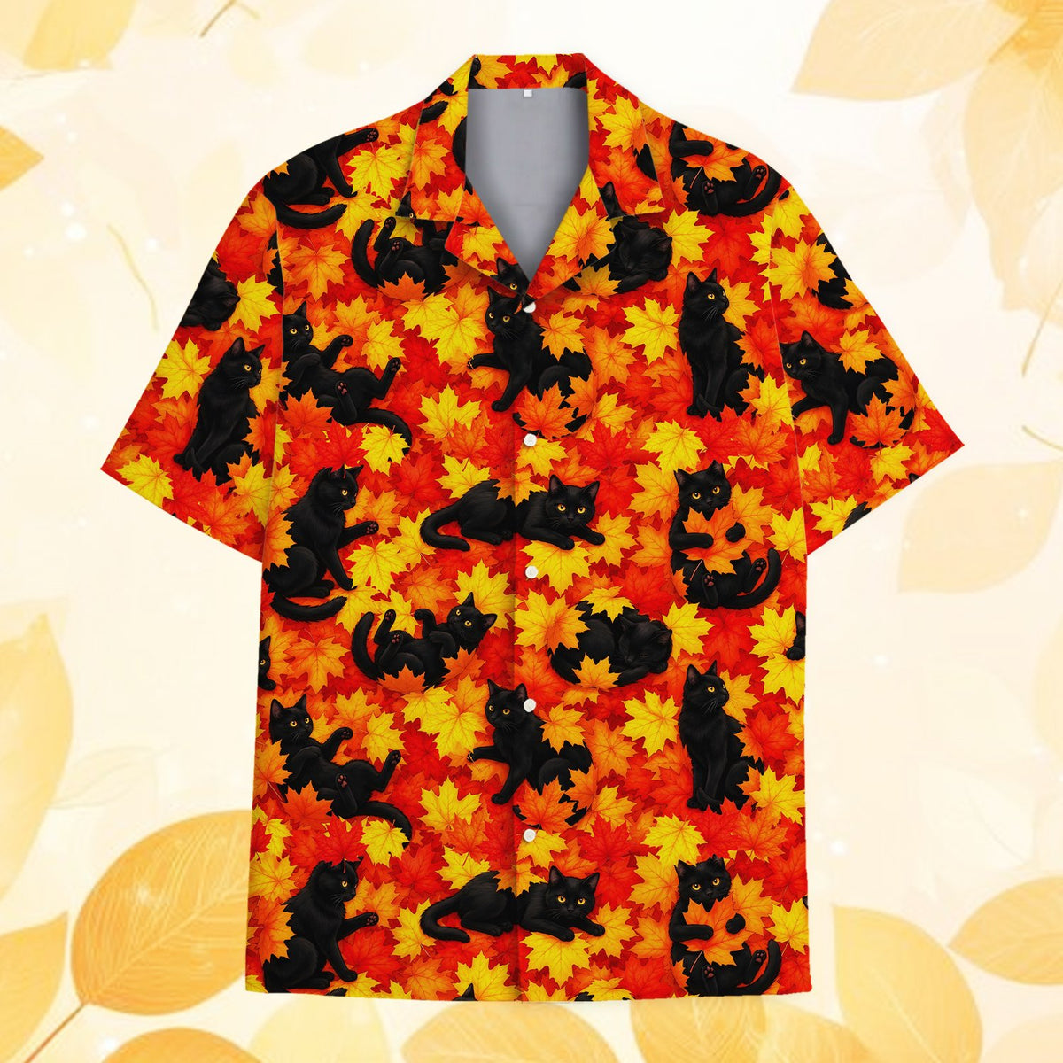 Fall cats hawaiian shirt with autumn maple leaves, front view