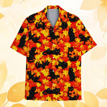 Fall cats hawaiian shirt with autumn maple leaves, front view