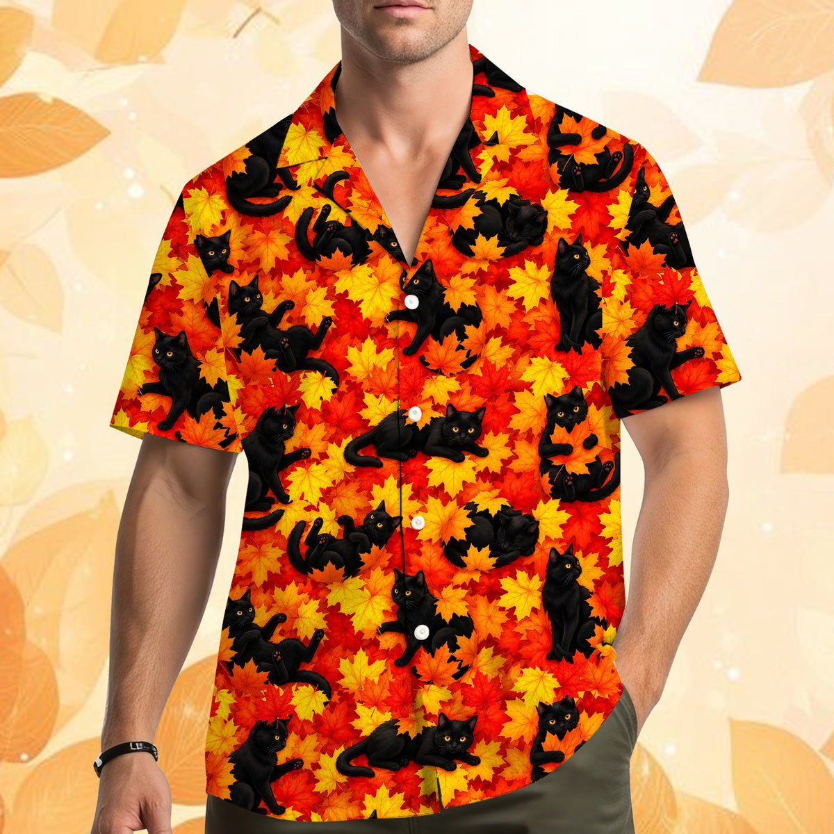 Family wearing fall cats matching hawaiian shirts outdoors