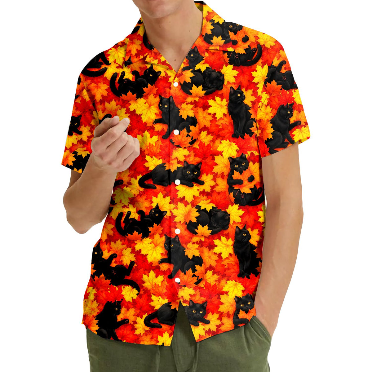 Close lifestyle shot of fall cats thanksgiving hawaiian shirt