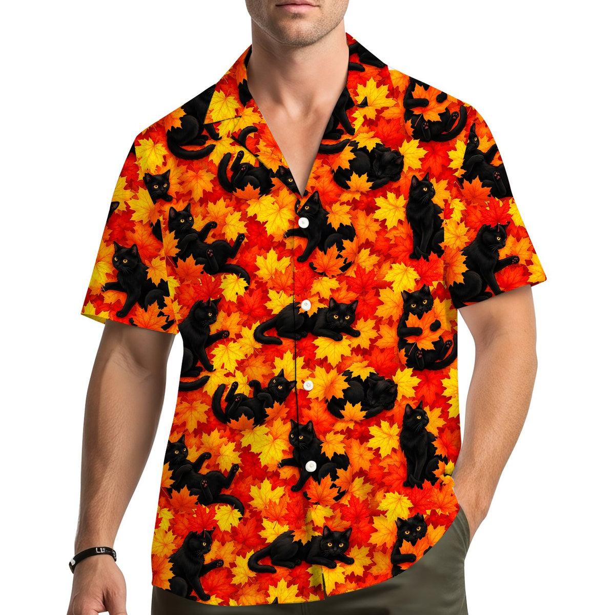 Lifestyle view of fall cats hawaiian shirt