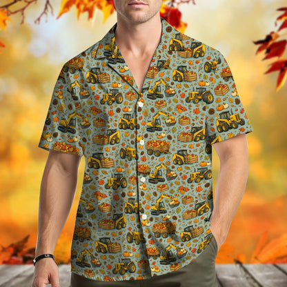 Back view of the fall construction Hawaiian shirt showing the all-over print