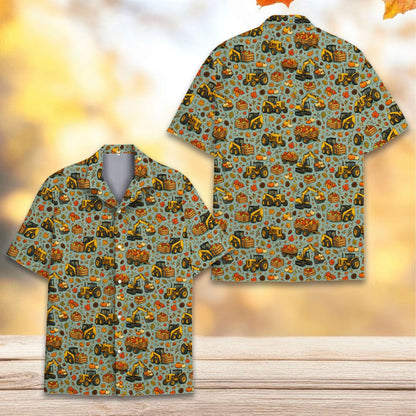 Front detail of the construction Hawaiian shirt showing tractors and autumn leaves