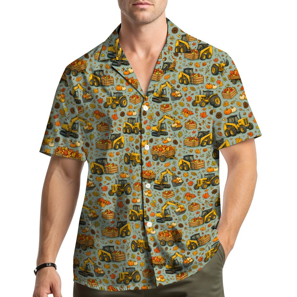 Lifestyle view of a family wearing the matching Thanksgiving Hawaiian shirts