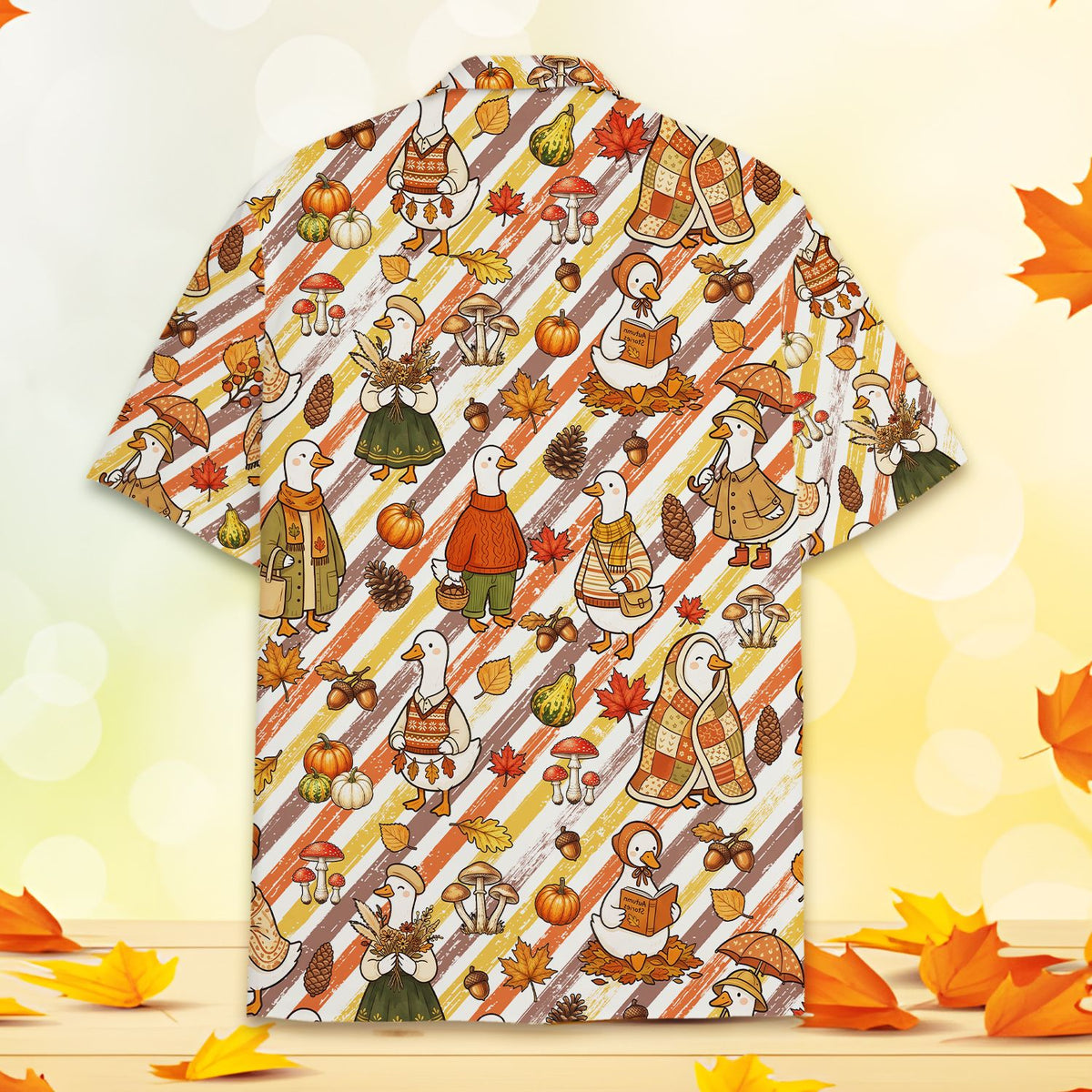 Matching family Hawaiian shirt featuring fall ducks and pumpkins, alternative back view