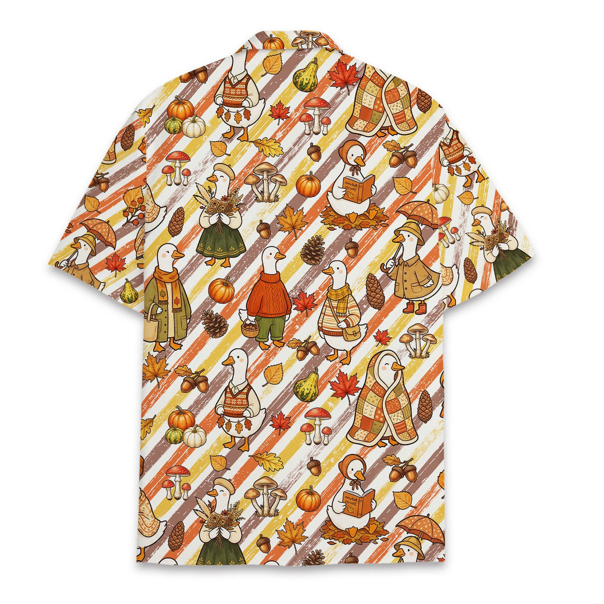 Matching family Hawaiian shirt featuring fall ducks and pumpkins, back view