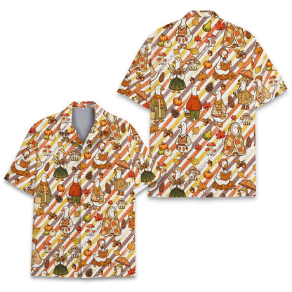 Matching family Hawaiian shirt featuring fall ducks and pumpkins, front detail view