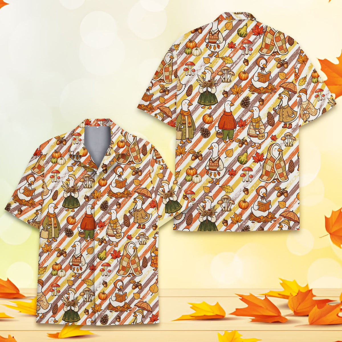Matching family Hawaiian shirt featuring fall ducks and pumpkins, alternative front view