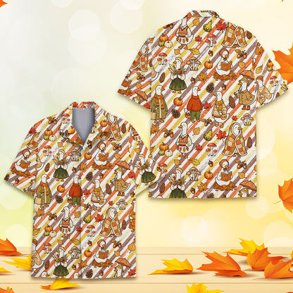 Matching family Hawaiian shirt featuring fall ducks and pumpkins, alternative front view