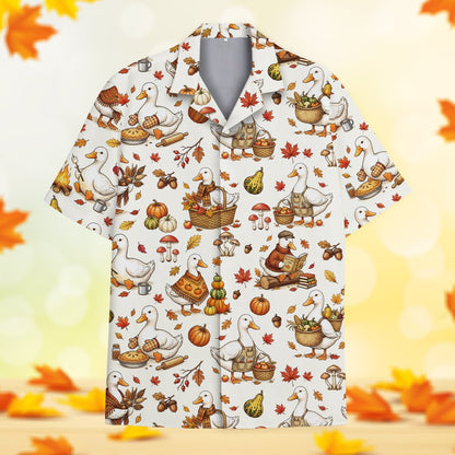 Front view of the matching family Hawaiian shirt with cartoon waterfowl and pumpkins