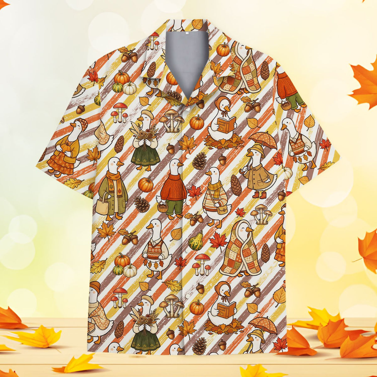 Matching family Hawaiian shirt featuring fall ducks and pumpkins, front view