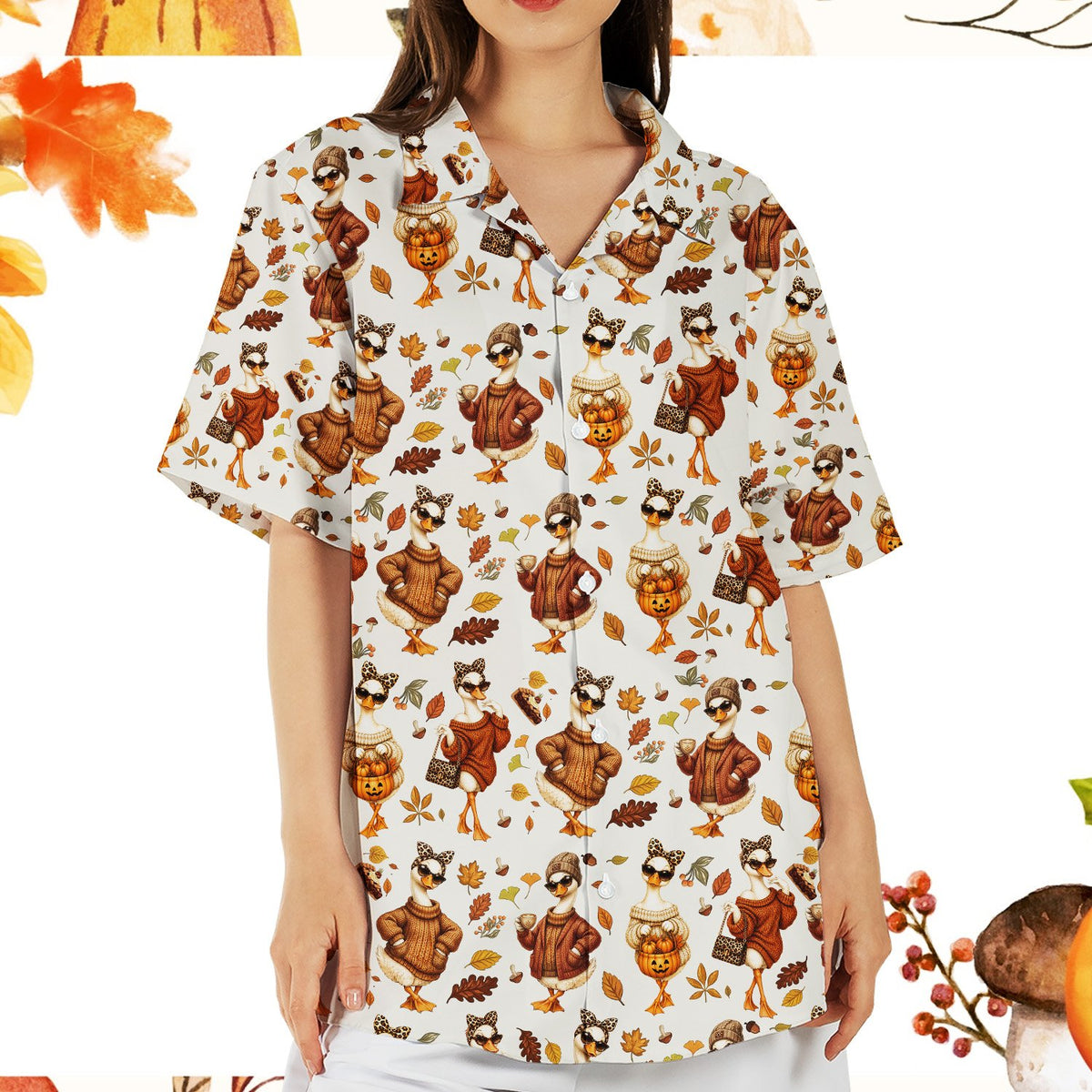 Matching family hawaiian shirt with autumn waterfowl and pumpkin design, main view