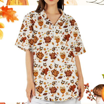 Matching family hawaiian shirt with autumn waterfowl and pumpkin design, main view