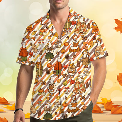 Lifestyle image of matching family Hawaiian shirts worn outdoors for Thanksgiving