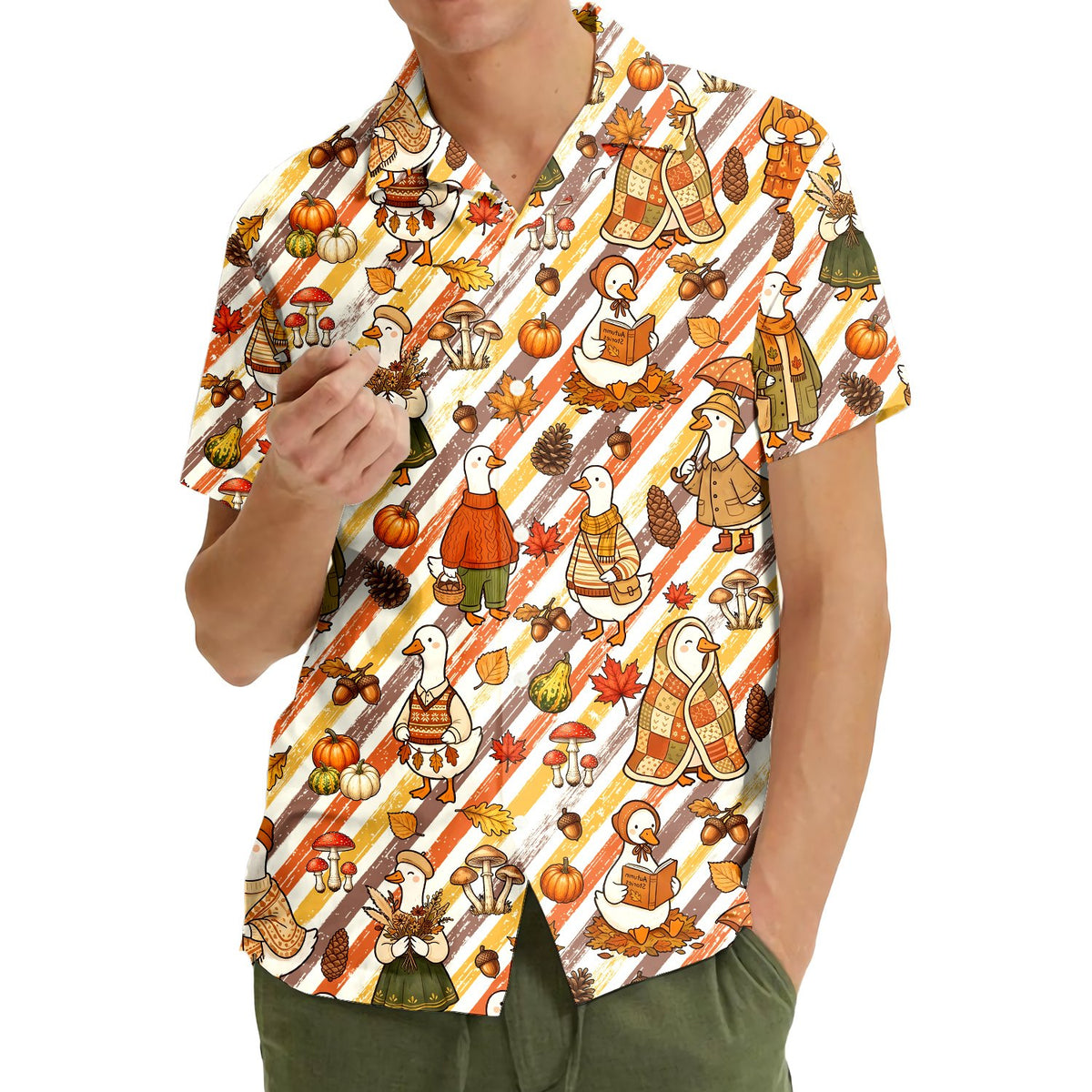 Lifestyle image showcasing the fall ducks Hawaiian shirt design on a person