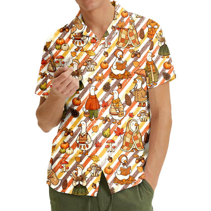 Lifestyle image showcasing the fall ducks Hawaiian shirt design on a person