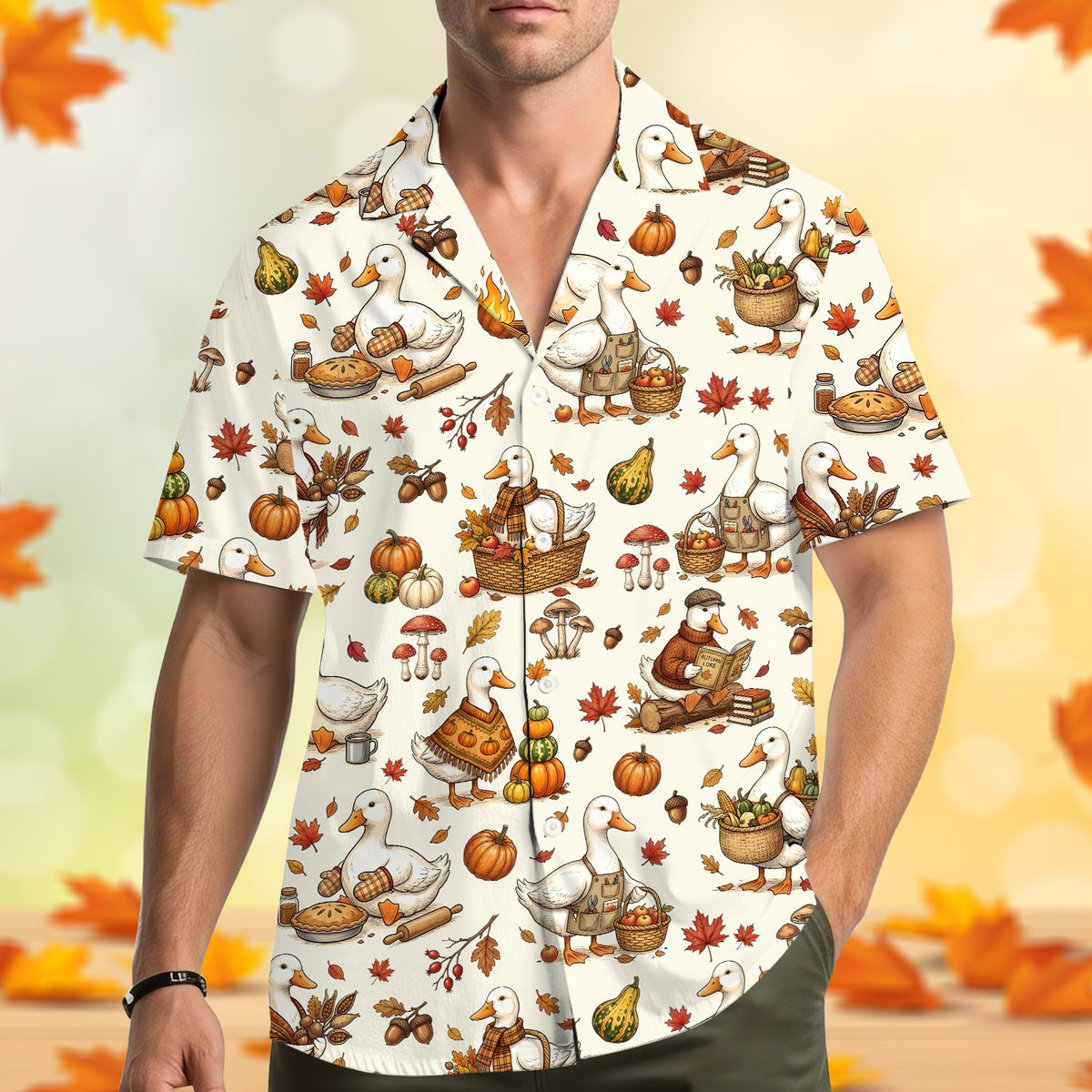 Fourth lifestyle view of the matching family Hawaiian shirts celebrating the autumn season