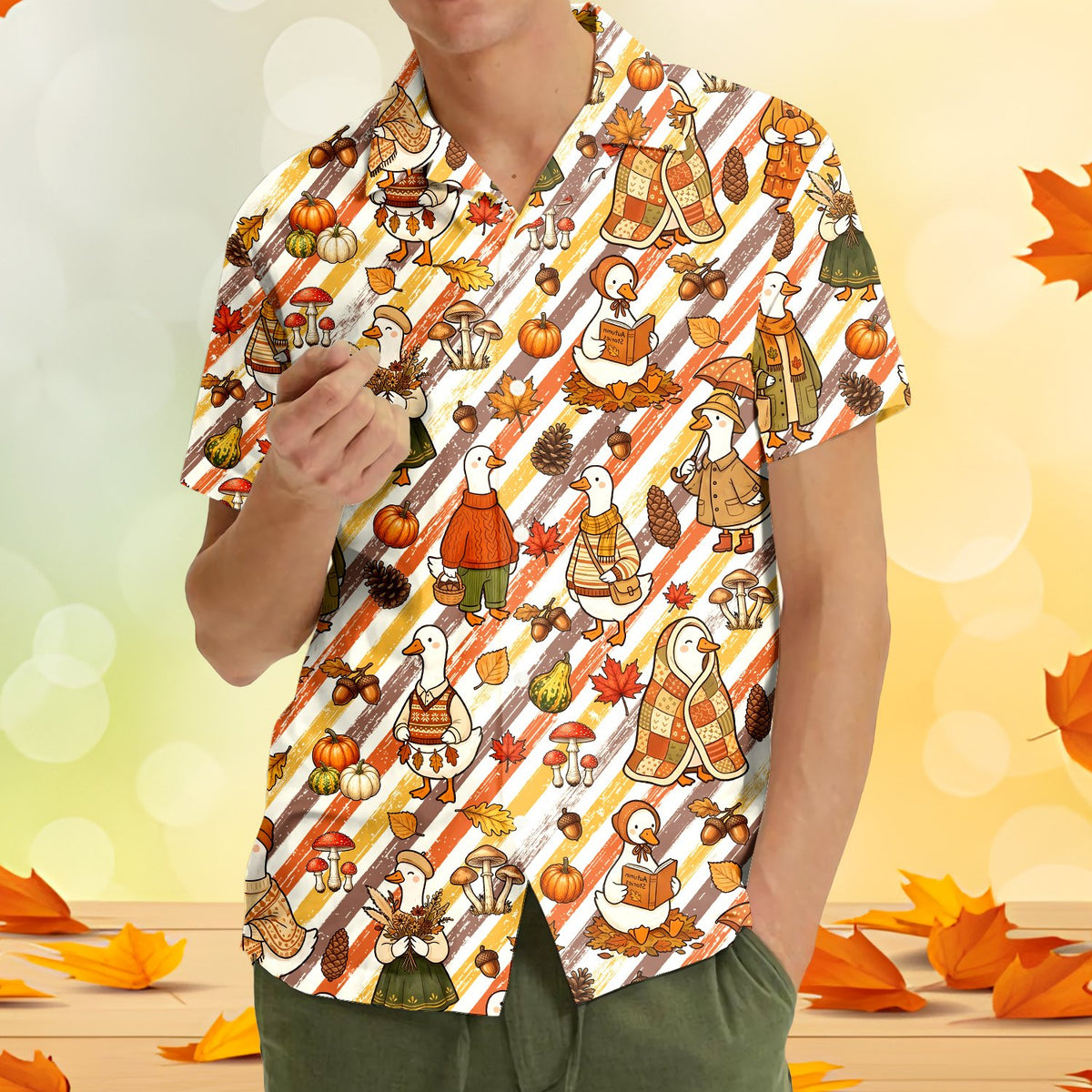 Lifestyle image highlighting the relaxed fit of the Thanksgiving Hawaiian shirt